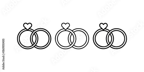 Wedding rings with heart icon set romantic engagement and marriage ceremony symbols outline vector