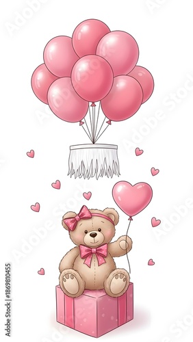 Valentine's day pink teddy bear holding heart balloon and sitting on gift box with balloons