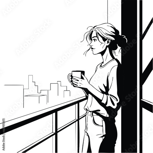 Woman with coffee cup in contemplative pose on balcony with cityscape view in black and white illustration for mental health awareness