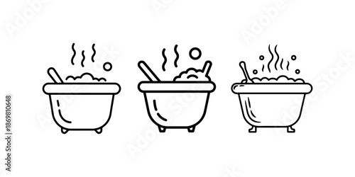 Set of simple line icons depicting steaming and bubbling cauldrons for magic or Halloween