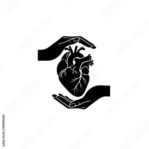 minimalist anatomical human heart silhouette held by hands medical care illustration