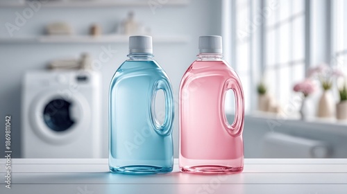 laundry detergent bottles in a bright, clean laundry room setting