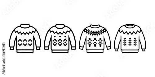 Collection of four knitted sweaters with fair isle patterns isolated on white background