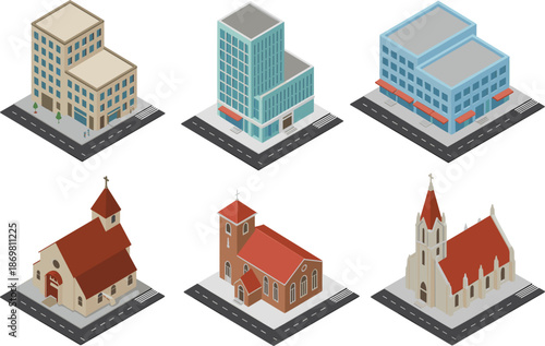 Set of isometric city building vector illustrations including modern office blocks and traditional churches with red roofs