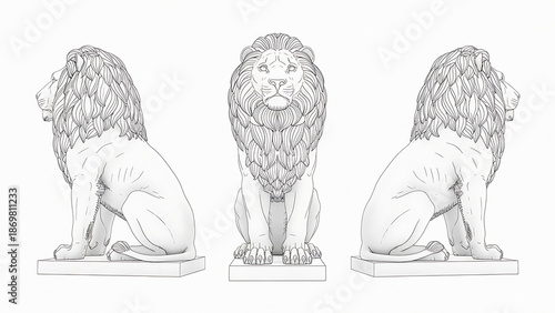 Three lion statues in different views with intricate details and textures transparent background