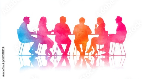 Watercolor silhouettes of business people meeting around a table