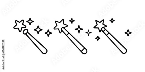 Collection of three magic wands featuring star tops and sparkling effects in line drawing style