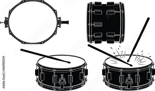Black and white snare drum vector set with drumsticks and action splashes isolated on white background for music band posters and percussion instrument design.