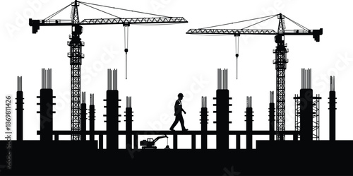 Construction site silhouette with tower cranes and engineer, building structure under development with machinery, industrial project, CAD drawing flat vector illustration