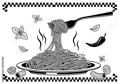 illustration of plate of spaghetti with fork twirling noodles, Italian cuisine theme, clipart style.