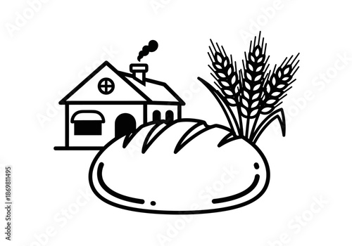 illustration of loaf of bread and wheat stalks, bakery and harvest theme, clipart style.