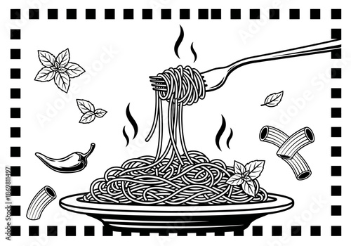 illustration of plate of spaghetti with fork twirling noodles, Italian cuisine theme, clipart style.