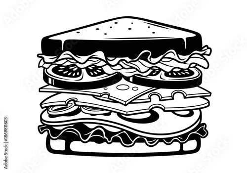 illustration of sandwich with multiple layers, clipart style.