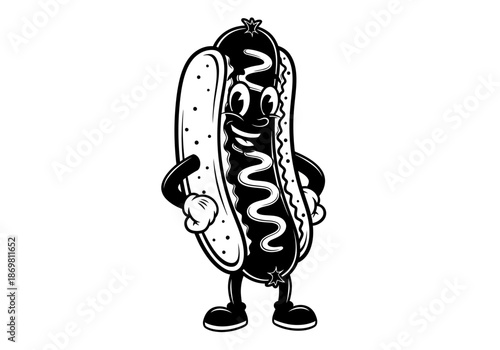 illustration of hot dog with mustard and bun, fast food mascot style, clipart style.