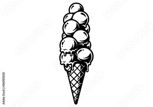illustration of an ice cream cone with scoops stacked high, summer treat theme, clipart style.