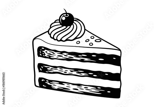 illustration of slice of cake with layers and cream topping, bakery theme, clipart style.