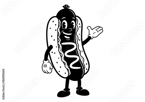illustration of hot dog with mustard and bun, fast food mascot style, clipart style.