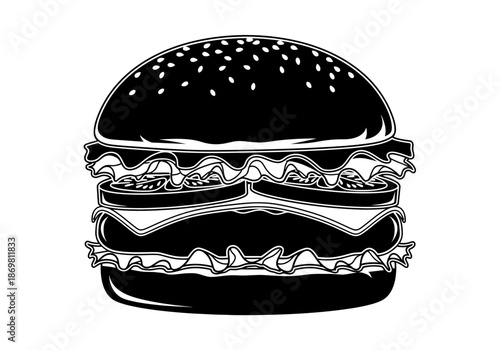 illustration of hamburger with layers of lettuce and tomato, clipart style.