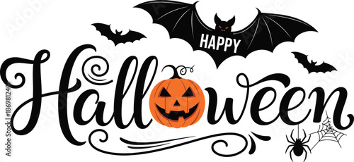 Happy Halloween Decorative Lettering Set Featuring Spooky Pumpkin Jack O Lantern Bats and Spider Web for Festive Holiday Party Design Graphics