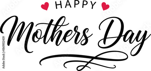 Happy Mothers Day Elegant Calligraphy Text with Red Hearts and Decorative Swirls in Flat Vector Illustration for Greeting Card Design