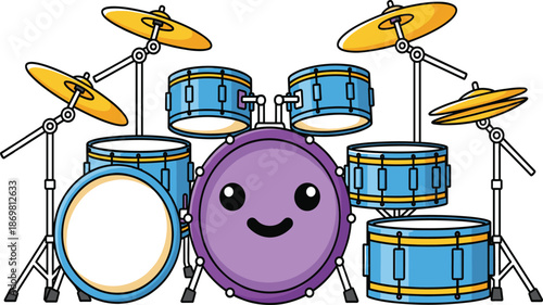 Cute drum kit vector illustration featuring a purple bass drum with a happy smiley face blue drums and golden cymbals for children music.
