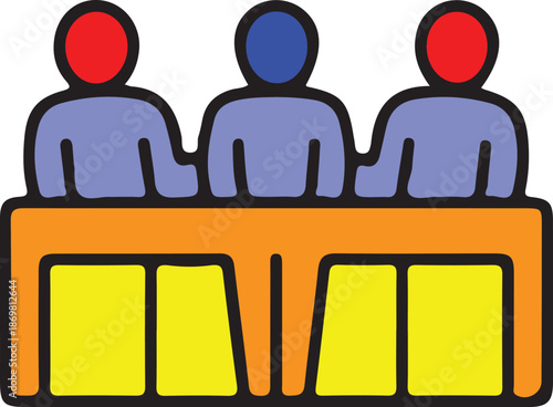 Expert Panel and Meeting Icon: Group of Three People at Desk, Colorful Team Collaboration Symbol, and Professional Committee Graphic