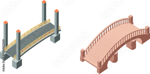Set of isometric bridge vector illustrations, modern suspension bridge and classic arched stone walkway for urban infrastructure
