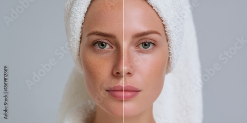A woman?s face is split in half, showcasing a before-and-after transformation. The left side depicts her skin with visible freckles, minor discoloration, and a natural, slightly matte finish. 