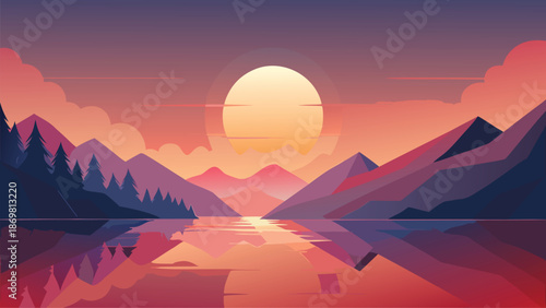 Minimalist vector art illustration depicting a serene sunset over a mountain range reflected perfectly in a calm lake