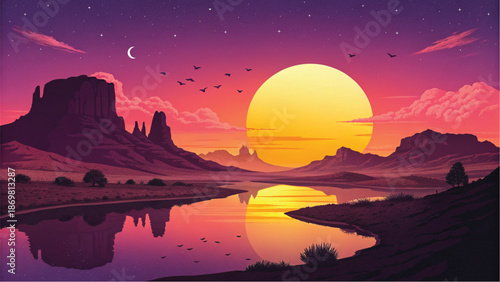 A mesmerizing pixel art depiction of a vibrant desert sunset over majestic mesas and a reflecting river