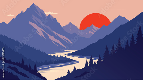 Majestic mountain landscape illustration featuring a vibrant sunset over a winding river valley