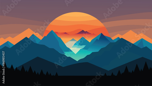 Vibrant minimalist mountain range at dusk with a large setting sun in flat design style