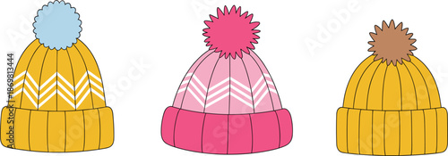 Set of winter beanie vector icons, colorful knitted hats with pom-poms and zigzag patterns for cold weather apparel