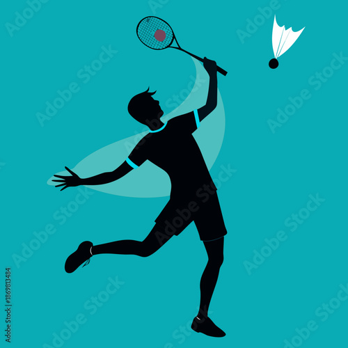 Badminton Player Silhouette Performing Mid Air Shot