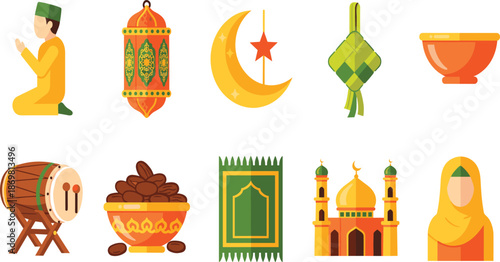 Set of Islamic Ramadan Kareem flat icons including mosque lantern crescent moon prayer rug dates bowl and Muslim characters isolated on white background.