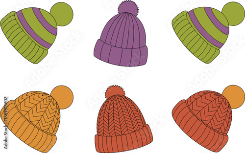Set of colorful winter beanie vector illustrations, hand-drawn knitted hat icons with pom-poms for cold weather