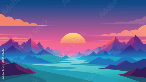 Vibrant synthwave sunset over a stylized mountain range and glowing turquoise river