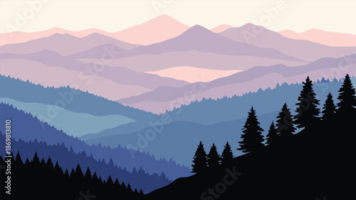Stylized illustration of a tranquil layered mountain landscape with vibrant purple and blue atmospheric effects at dawn or dusk