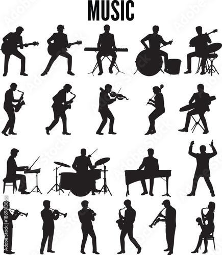 Diverse Collection of Musicians Performing with Various Instruments in Silhouette