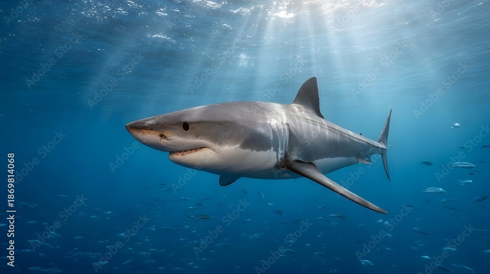 Naklejka premium Majestic great white shark swims through clear blue ocean water sun rays piercing the depths