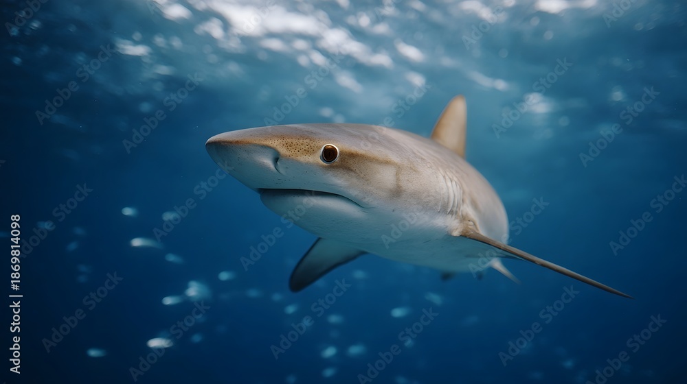 Naklejka premium A powerful shark glides through the clear blue ocean depths illuminated by sunlight filtering from above