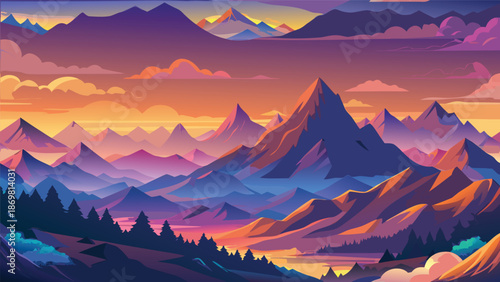 Serene and majestic landscape art featuring layered mountains under a vibrant sunset sky