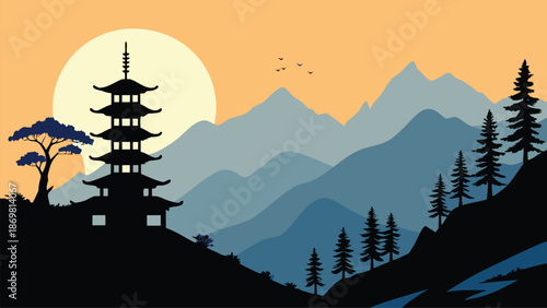 A tranquil japanese landscape illustration depicting a five-story pagoda silhouette against a rising sun and layered mountains