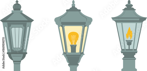 Set of vintage street lamp vector illustrations, antique gas and electric lantern icons for urban park and city lighting