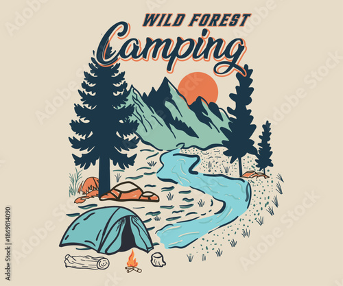 Mountain wild forest outdoor adventure camping graphic print design. Mountain t-shirt artwork.