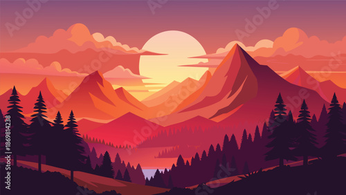 A mesmerizing stylized mountain landscape illustration during a vibrant sunset, showcasing layers of colorful peaks and coniferous trees