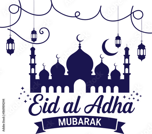 Festive Eid al Adha Greeting with Mosque Crescent Moon and Lanterns