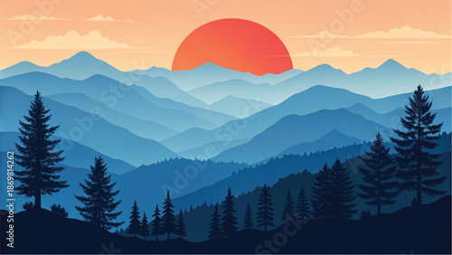 A serene vector illustration showcasing a layered mountain landscape at sunrise with pine trees in the foreground