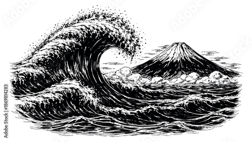 Hand drawn line art illustration of Mount Fuji and a powerful ocean wave depicting an iconic Japanese landscape for travel and nature themes