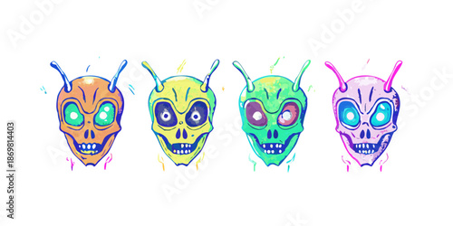 Collection of vintage sci-fi alien heads, multiple eyes, antennae, vibrant neon colors, retro cartoon style, grainy texture, isolated on white